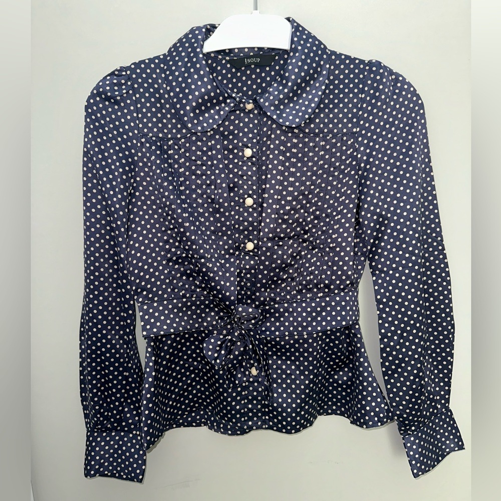 Blue Long Sleeve Peplum Blouse with Peter Pan Collar